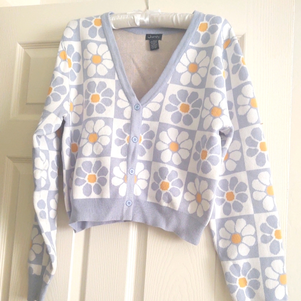 Grey/Lite Blue Cardigan Sweater New